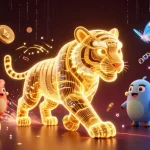 Engage with BK8's vibrant casino landscape featuring a neon-wireframe golden tiger amid crypto elements.