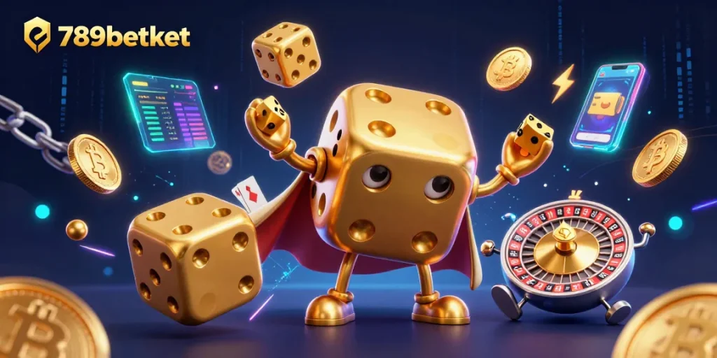 Engage with 789betket's dynamic gambling world featuring lively gold dice and crypto elements.