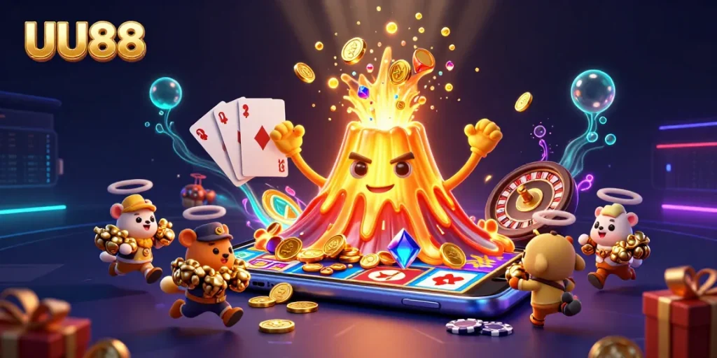 UU88 players engage with thrilling treasure in a vibrant casino-themed illustration.