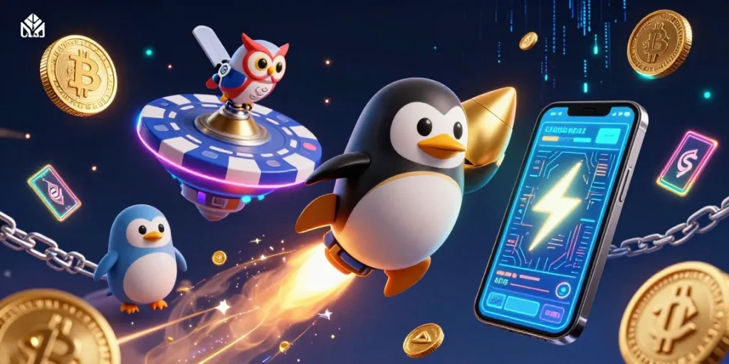 Engage with UU88's thrilling experience through a dynamic 3D casino adventure featuring crypto coins, a golden penguin, and more!