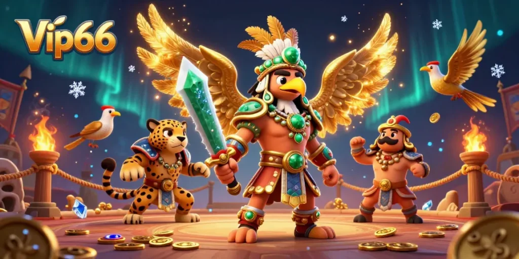 Engage with Vip66's vibrant 3D casino scene featuring an Aztec warrior and gold coins.