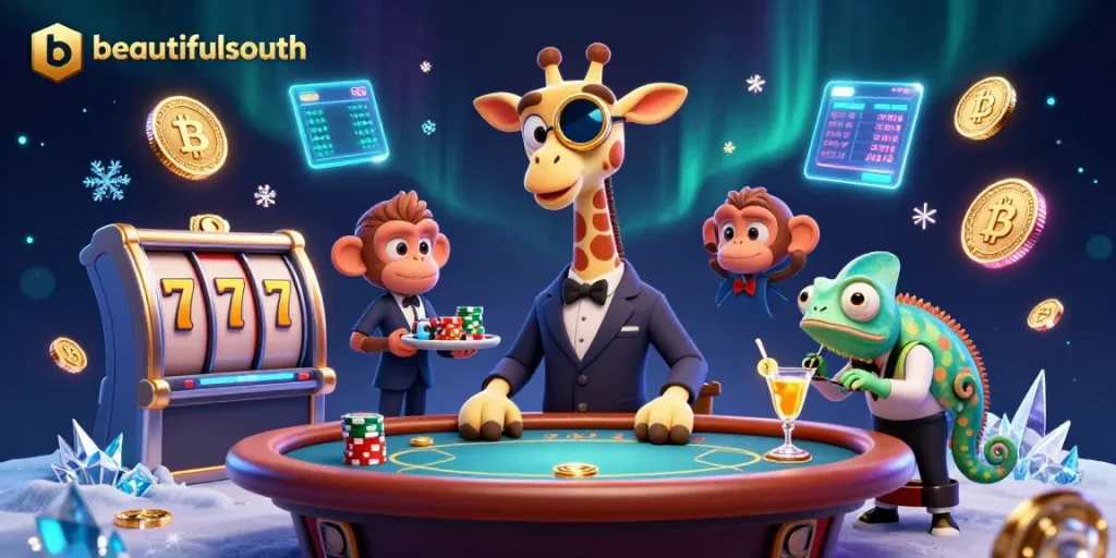 Explore beautifulsouth's vibrant casino scene with a high-roller giraffe, chips, and dazzling digital effects.