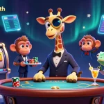 Explore beautifulsouth's vibrant casino scene with a high-roller giraffe, chips, and dazzling digital effects.