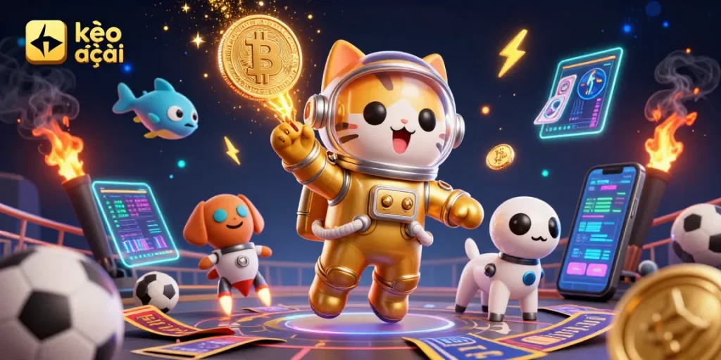 Engage with kèo nhà cái through dynamic sports betting scenes featuring a golden astronaut cat.
