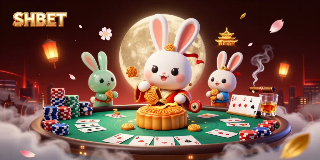 Experience SHBET's vibrant casino world featuring a rabbit and poker elements in an enchanting lunar landscape.