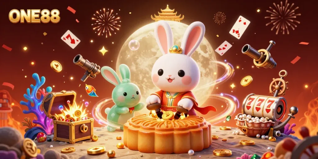 Engage with ONE88's thrilling slots under a vibrant casino-themed moonlit sky.