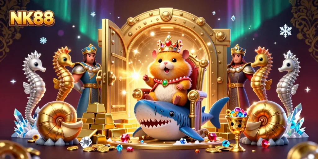 Experience thrilling adventures at NK88 with a fierce hamster king, treasure vault, and royal seahorse guards.