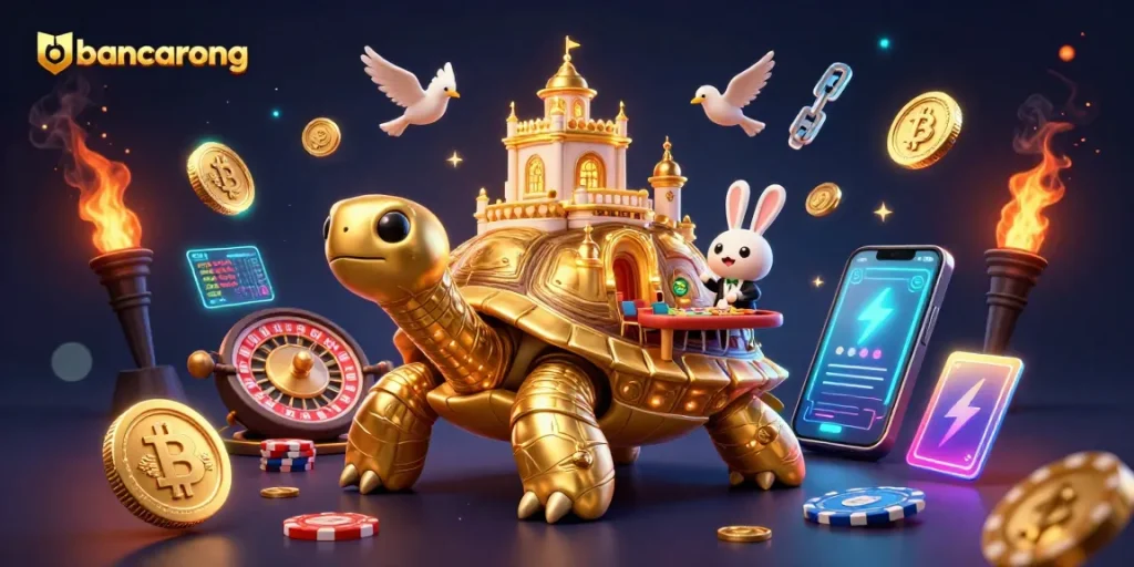 Experience bancarong's vibrant casino atmosphere with a golden tortoise and rabbit dealer amidst flying coins.