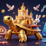 Experience bancarong's vibrant casino atmosphere with a golden tortoise and rabbit dealer amidst flying coins.
