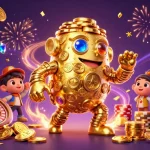 Experience the thrill with 56WIN's golden golem amidst sparkling casino elements and festive confetti.