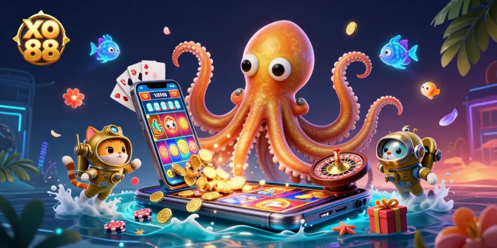 Engage with xo 88's vibrant casino adventure featuring a golden kraken, diving cat, and slot game action!