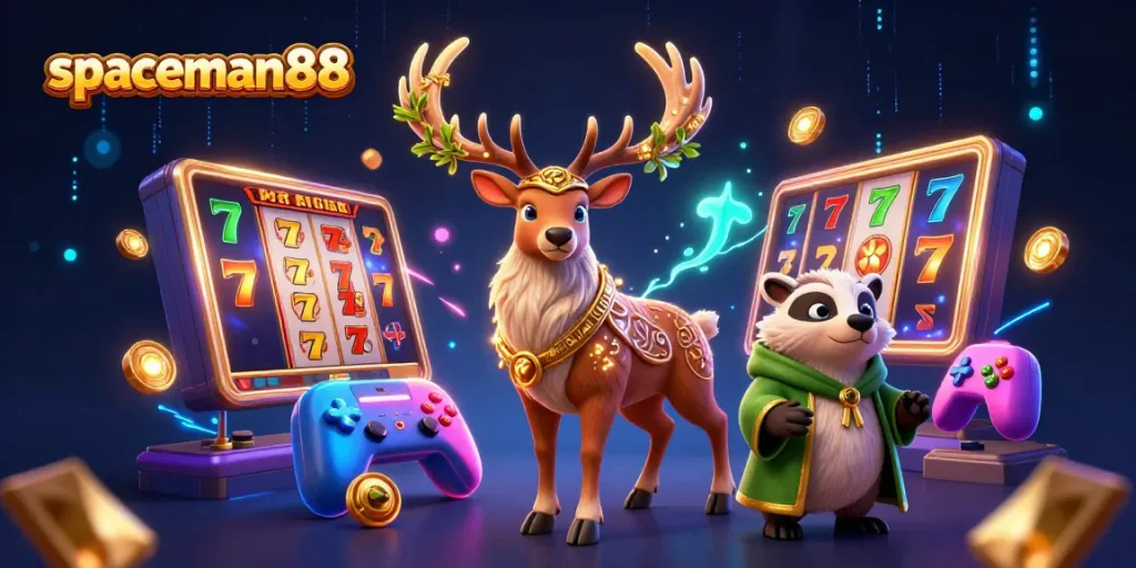 Spaceman88 offers exciting gameplay with dynamic slot reels and mystic characters in a vibrant scene.