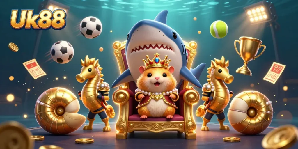 Experience thrilling sports betting at Uk88 with a golden hamster king and vibrant game elements.