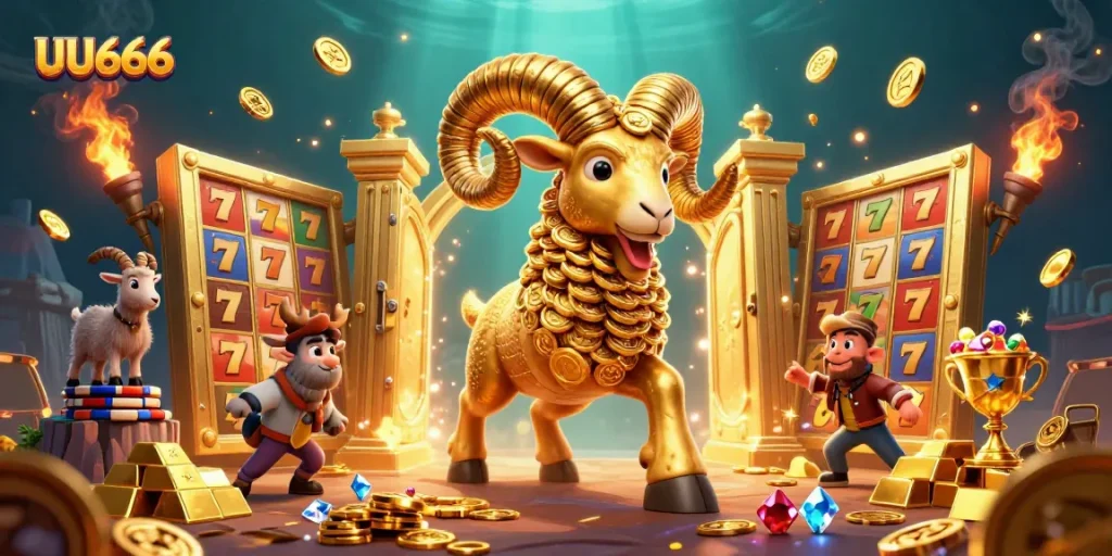Experience excitement at UU666 with a charging golden ram amidst treasures and vibrant casino elements.