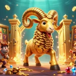 Experience excitement at UU666 with a charging golden ram amidst treasures and vibrant casino elements.