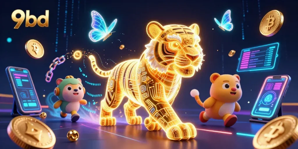 Experience thrilling gaming action at 9bd with vibrant 3D characters and crypto elements in a dynamic casino setting.