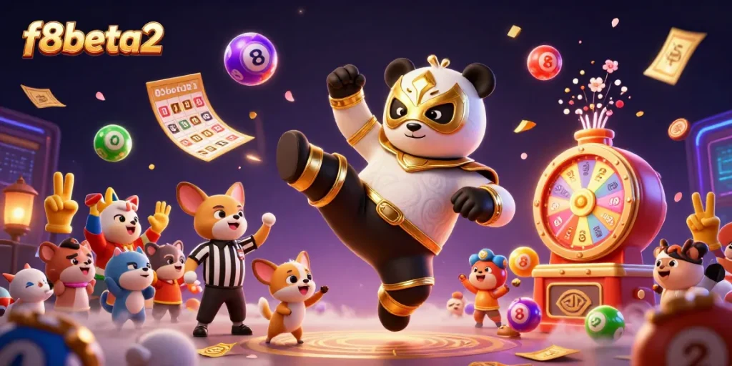Exciting scene with f8beta2 showcasing a cartoon wrestler panda and animal spectators in a lively casino atmosphere.