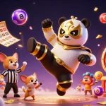 Exciting scene with f8beta2 showcasing a cartoon wrestler panda and animal spectators in a lively casino atmosphere.