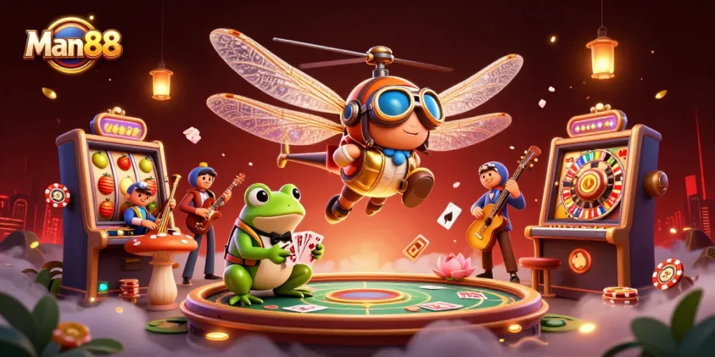 Players spin jackpots and deal cards at Man88's vibrant lily pad casino scene.