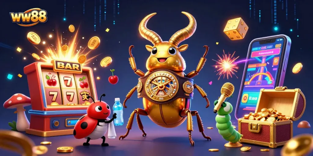 Engage with WW88's vibrant casino scene featuring a golden stag beetle and dynamic game elements.