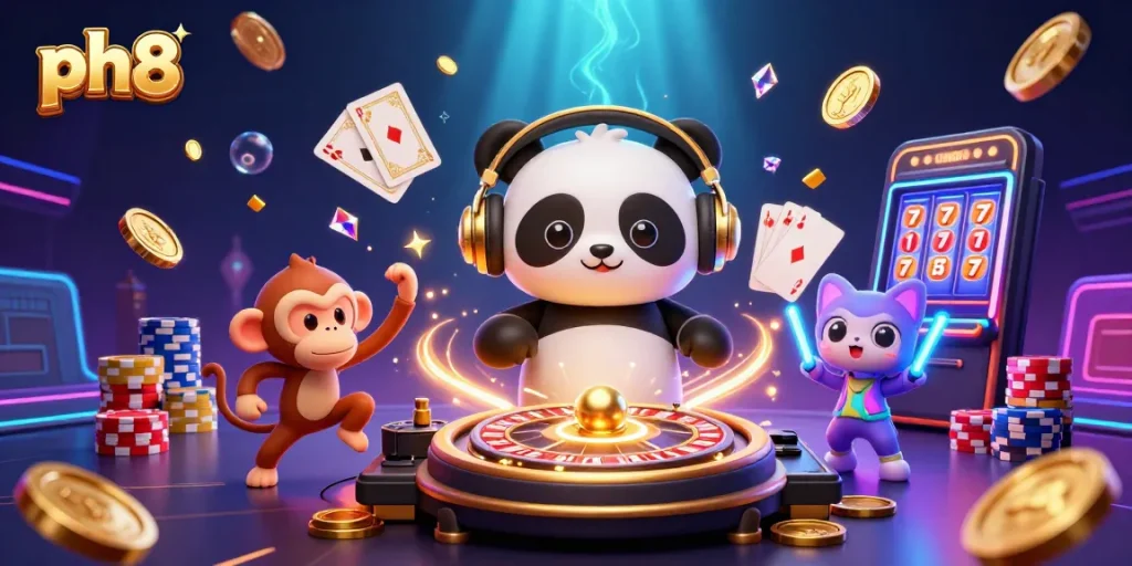 Experience the thrill of ph8 with 3D digital art featuring vibrant casino elements and lively characters.