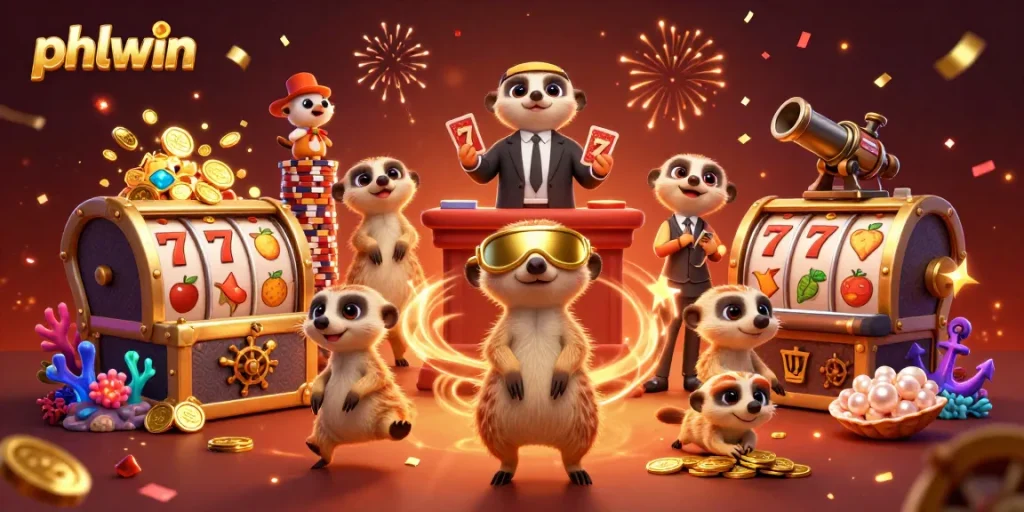 Engaging meerkats at Phlwin casino showcase vibrant gameplay with slot reels, treasure, and excitement.