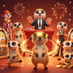 Engaging meerkats at Phlwin casino showcase vibrant gameplay with slot reels, treasure, and excitement.