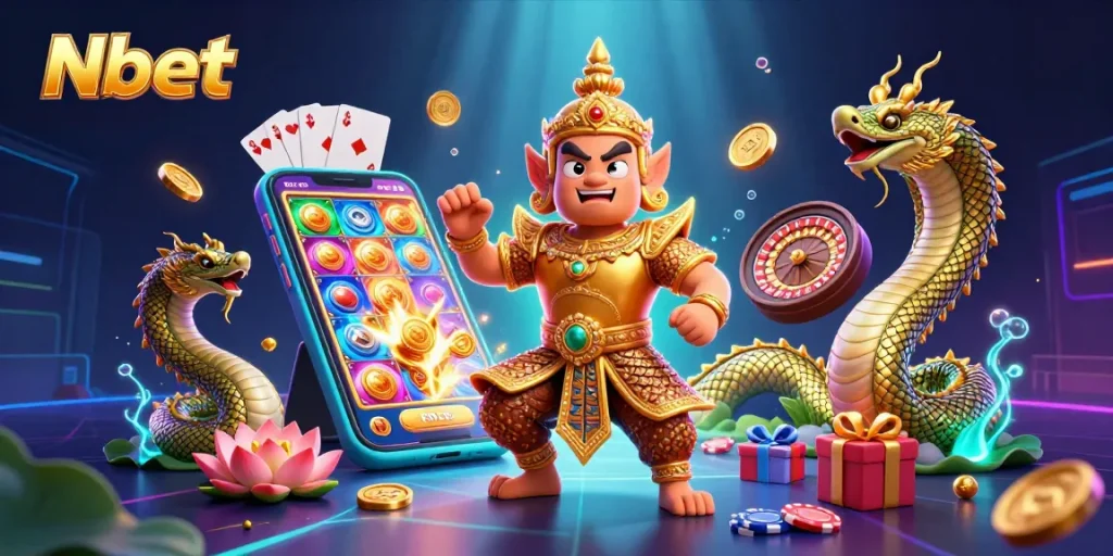 Nbet's vibrant 3D illustration showcases a Thai temple guardian and game elements bursting with excitement.