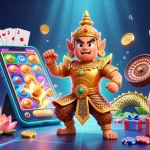 Nbet's vibrant 3D illustration showcases a Thai temple guardian and game elements bursting with excitement.