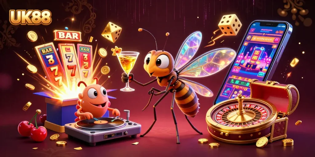 Spin and win with UK88’s vibrant casino scene featuring animated characters and slot symbols.