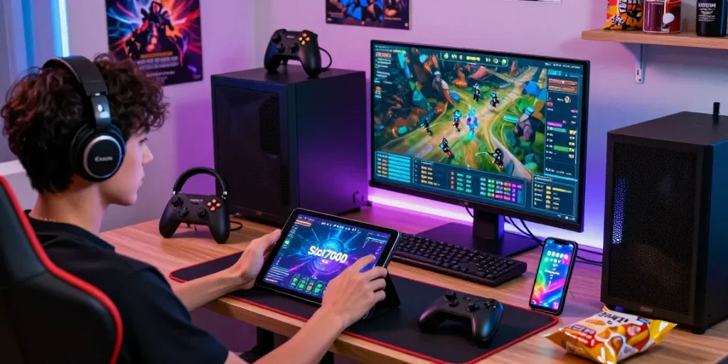 Engaging Slot7000 gaming setup with user playing on devices and vibrant accessories.