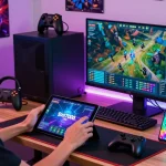Engaging Slot7000 gaming setup with user playing on devices and vibrant accessories.