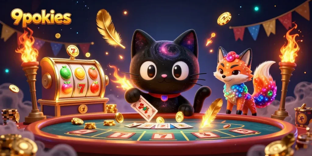 Experience the excitement of 9pokies with a cosmic casino scene featuring a magical black hole cat.