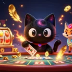 Experience the excitement of 9pokies with a cosmic casino scene featuring a magical black hole cat.