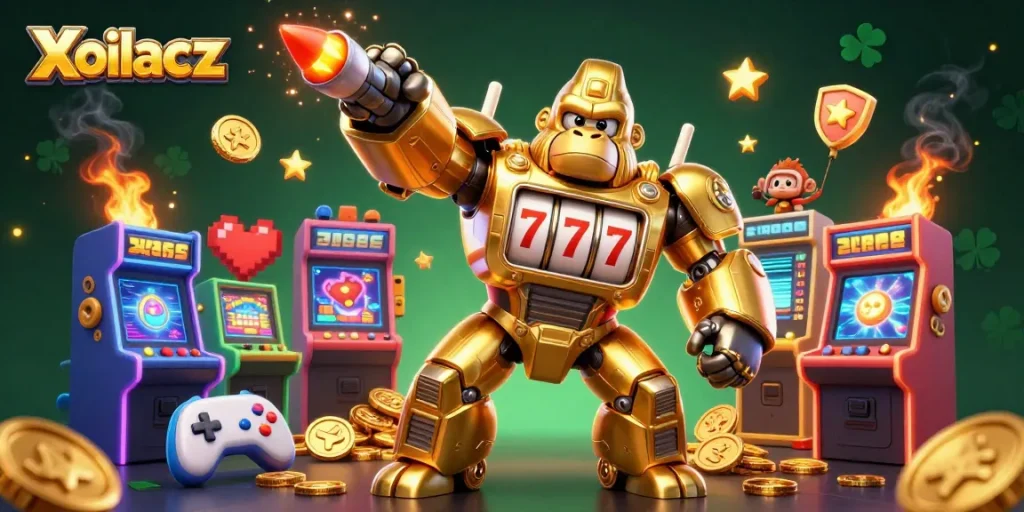 Xoilacz features an explosive golden mech amidst vibrant arcade games and coins.
