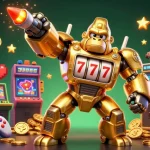 Xoilacz features an explosive golden mech amidst vibrant arcade games and coins.