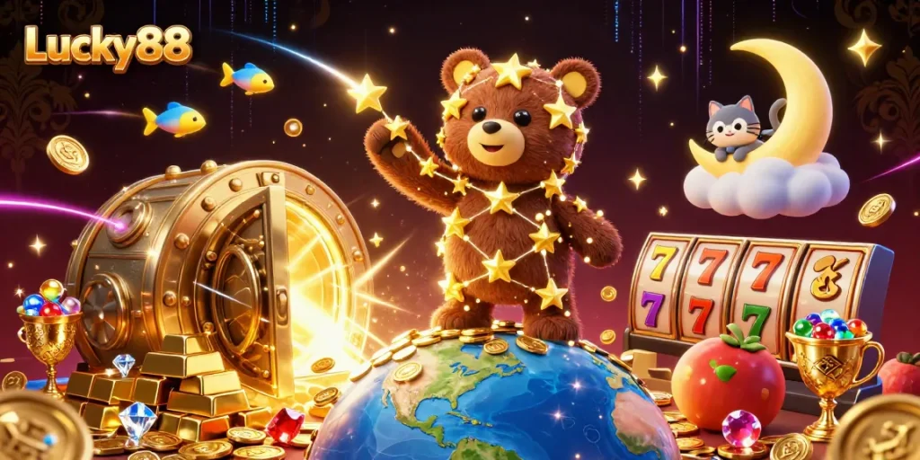 Experience the thrill of Lucky88 with vibrant casino elements and engaging characters set in a cosmic night.