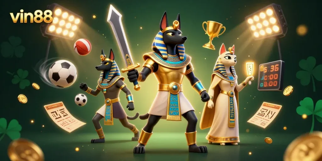 Experience vin88's thrilling sports betting with Anubis and Bastet in a vibrant 3D illustration.