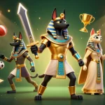 Experience vin88's thrilling sports betting with Anubis and Bastet in a vibrant 3D illustration.