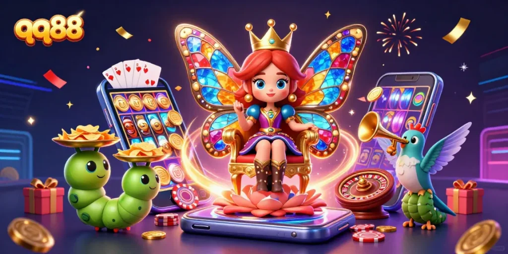 Engage with qq88's vibrant gaming scene featuring a dazzling butterfly queen and exciting casino elements.