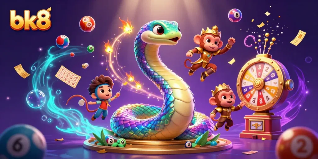 Engage in vibrant bk8 gaming with a rainbow serpent and monkey king in a magical lottery scene.