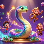 Engage in vibrant bk8 gaming with a rainbow serpent and monkey king in a magical lottery scene.