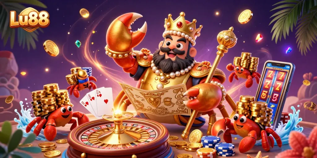 Experience thrilling gameplay at Lu88 with a vibrant scene showcasing a golden crab emperor and casino elements