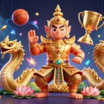 Exciting sonclub gaming experience with vibrant action featuring a Thai temple guardian, dynamic sports balls, and golden treasures.