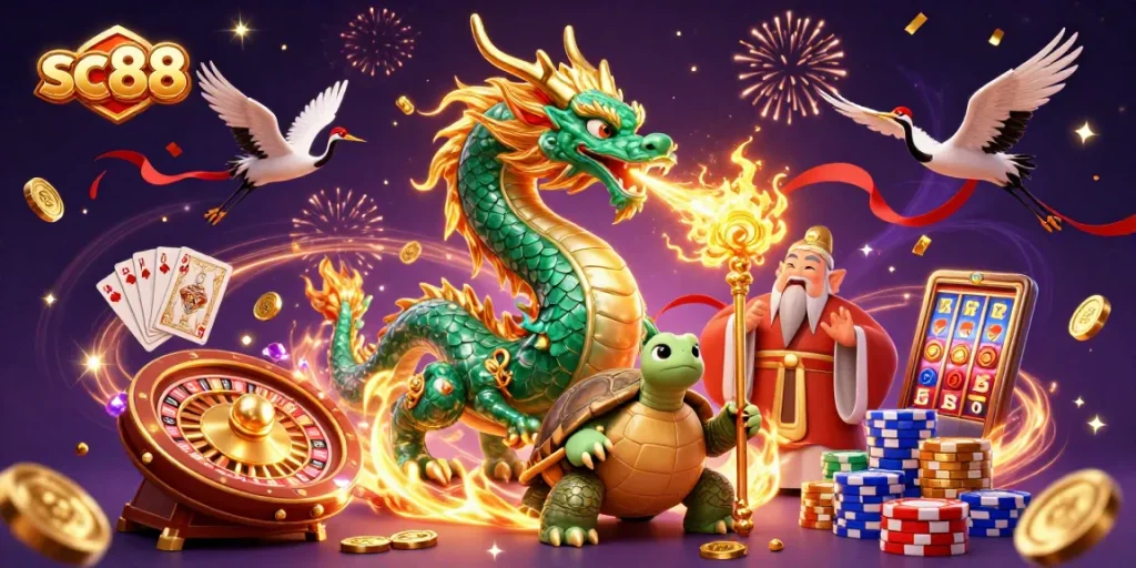 Engage with sc88 casino magic, featuring a jade dragon and turtle sage amid golden coins and colorful poker chips.