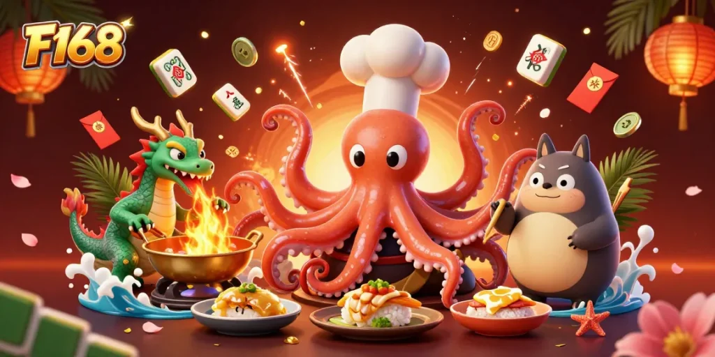 Experience thrilling F168 casino action with vibrant elements and characters in an engaging 3D illustration.