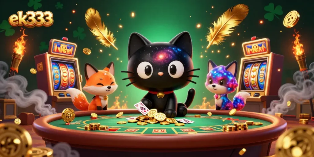 Engaging illustration of ek333 featuring a cartoon black hole cat at a cosmic casino table.