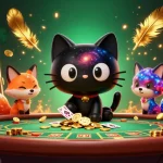 Engaging illustration of ek333 featuring a cartoon black hole cat at a cosmic casino table.