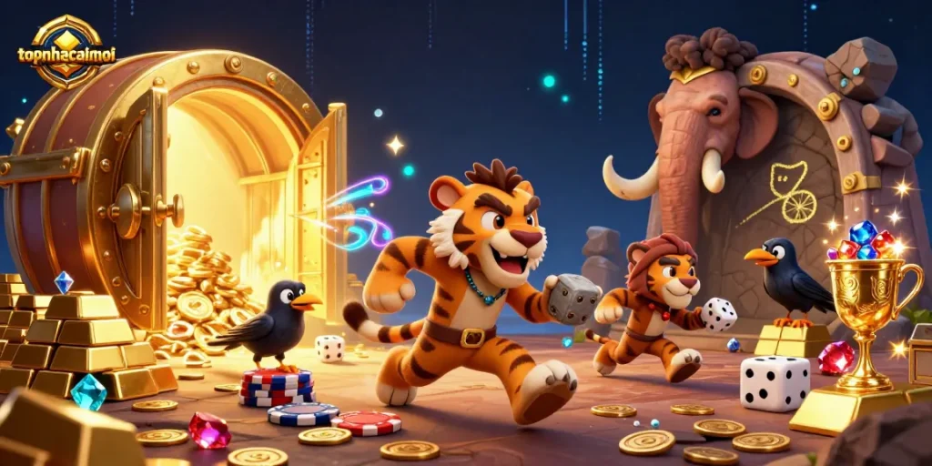 Experience thrilling gaming at topnhacaimoi, featuring a prehistoric casino with vibrant treasures and dynamic characters.