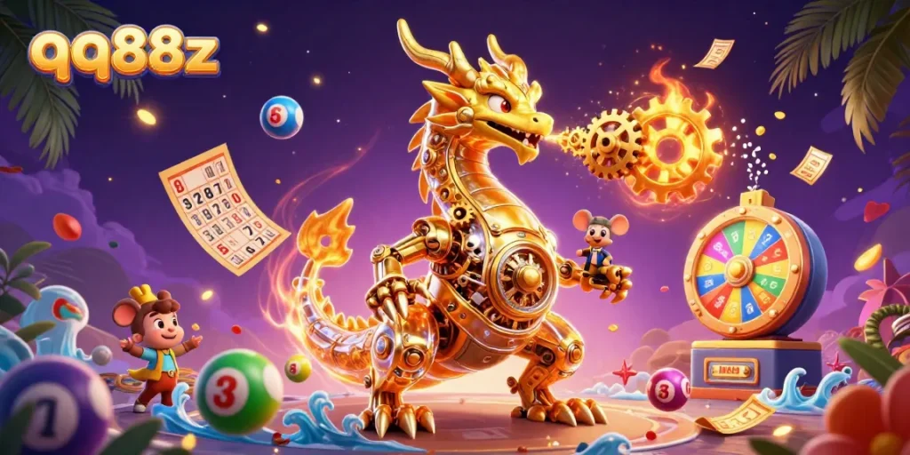 Engage with the thrilling energy of qq88z in this vibrant casino-themed illustration showcasing dynamic lottery elements.